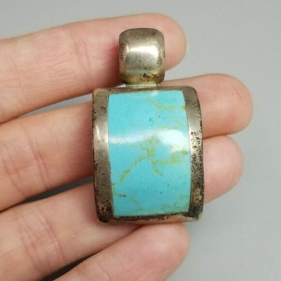 Vintage Mexican Sterling Silver Blue Turquoise Pendant, Curved Shape, Mexico - Picture 1 of 8